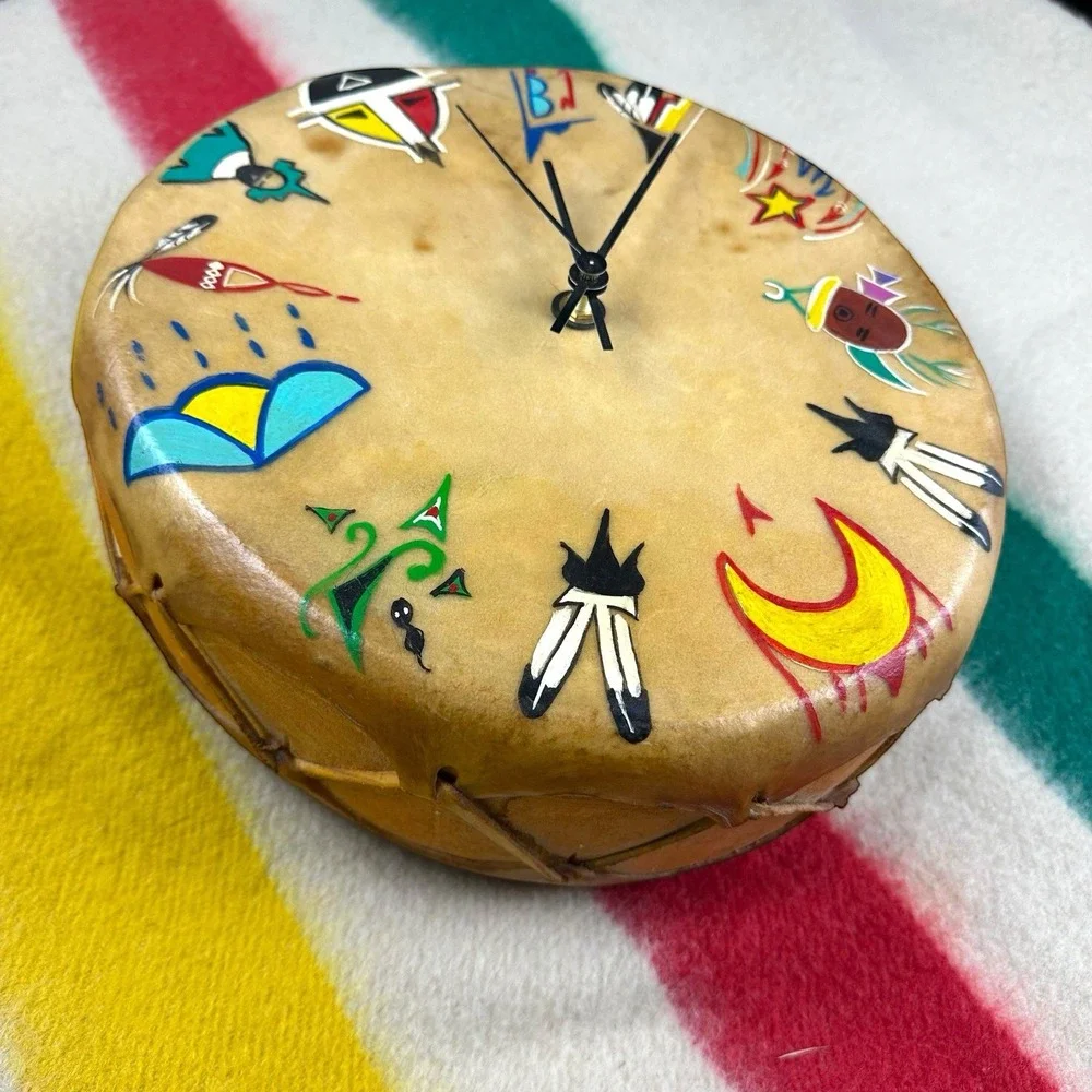 VTG Native American Clock Drum Cow Hyde Wood Symbols - WORKS‎ Artist 